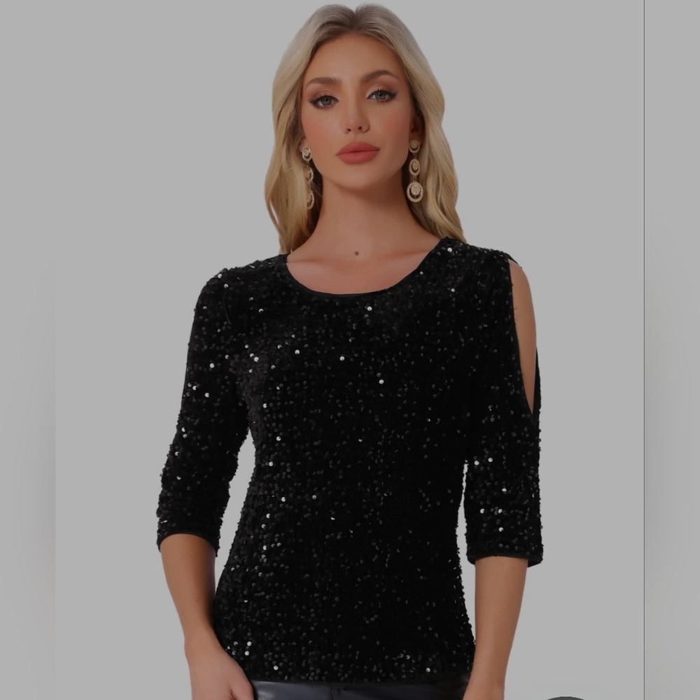 Allegra K | Sparkle Sequin Velvet Tops | Cut Out Half Sleeve